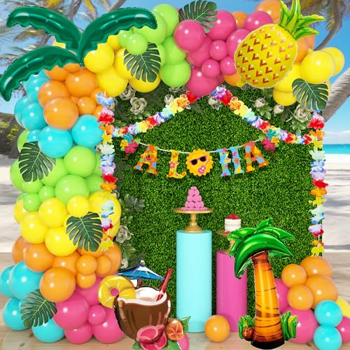 148Pcs Tropical Balloon, Tropical Balloon Arch Kit with ALOHA Banner Hawaii Flower Garland Coconut Tree Pineapple Balloons Tropical Balloons for Summer Party Decoration