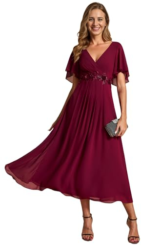 Ever-Pretty Robe Invité de Mariage Appliqué Manches Volantées Col V Mousseline Bordeaux 38