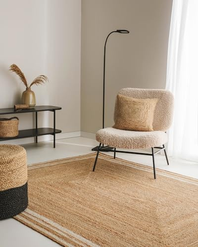 benuta Pure Jute Teppich Jutta - Natur 160x230cm - Weiße Bordüre - Handgewebter Wohnzimmerteppich - Natürliches Boho Design - Für Fußbodenheizung geeignet