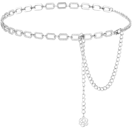 Andibro Taillenkette aus Metall für Damen, Strass Taillenkette Gürtel Verstellbarer Metall Schmale Taillengürtel für Jeans Kleider (silver)