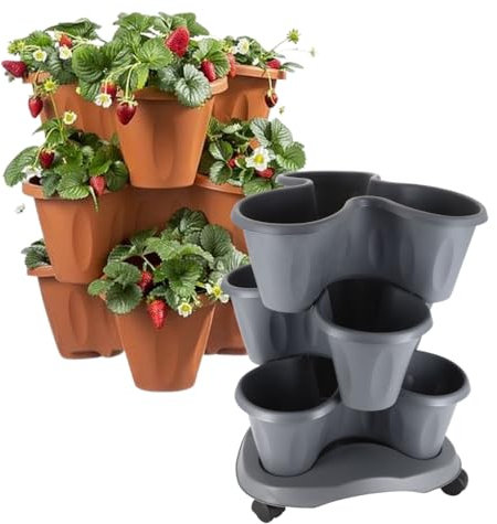 Pflanzturm Erdbeerturm Pflanzkübel auf Rollen Vertikaler Garten Kräuterspirale Säulentopf Set 3 Ebenen Kräutergarten Roller Blumentopf stapelbar (Terracotta)