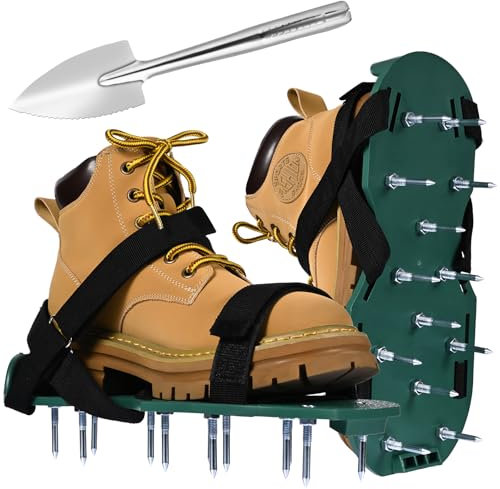 MEGETGOD Lawn Aerator Shoes with Stainless Steel Shovel, Aerating Shoes with Hook & Loop Straps, Heavy Duty Spiked Aerating Sandals, Universal Size Lawn Scarifier for Lawns Yard Patio Garden Grass