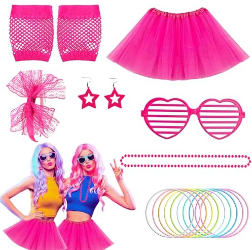 WORUIB 7-Piece Set Of Rose Red Outfit, 80s Accessories For Women, Mesh Skirt, Rose Red Wristband, Fishing Net, Short Gloves, Necklace, Headband, Earrings, Glasses, Retro Themed Party Cosplay Costume