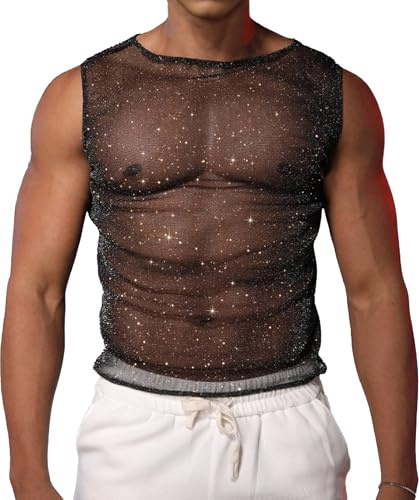 AIEOE Herr glitter linne transparent nätskjorta nätmuskelskjorta gym topp klubbkläder party outfit nättröja