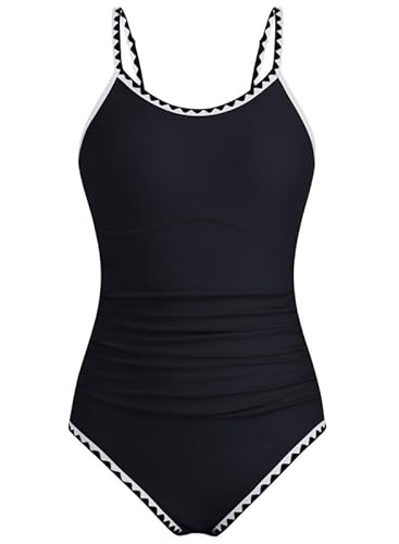 XiaoMoSha Swimming Costume Girls One Piece Bathing Suit with Adjustable Straps Color Contrast Trim for Teens Girls, 13-14 Years, Black