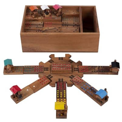 Mexican Train Domino Dubbel 12 Träspel – 91 Brickor, 8 Lok, 1 Station – Förvaringslåda i Trä – Strategiskt Familjespel – Från 6 År – 22 x 15 x 7 cm – Spelregler Ingår – Engelhart 350373