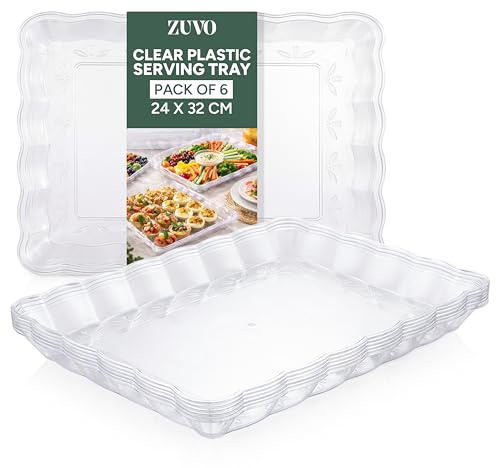 Zuvo Reusable Plastic Serving Trays for Party Food & Buffet Tables | Pack of 6 (32x24 cm) | Clear Food Serving Platters for BBQ, Picnics, Catering, Snacks, Cakes, Sandwich & Buffet Tray