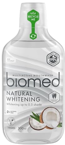 BIOMED Superwhite collutorio per sbiancamento delicato dei denti-senza fluoro - senza alcool-99% ingredienti naturali-sapore di cocco e menta-confezione da 500 ml