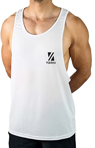 Vibrha Canotta Palestra Uomo Bodybuilding Bianca XS Dorso a Vogatore - Canottiera Uomo Palestra, Canotta Allenamento, Zumba Abbigliamento, Abbigliamento Beach Volley