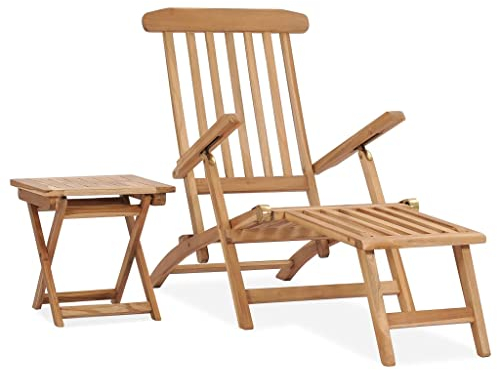 vidaXL Teak Massiv Garten Liegestuhl mit Fußstütze Tisch Klappbar Deckchair Sonnenliege Gartenliege Relaxliege Gartenmöbel Liege Holzliege