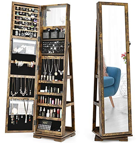 COSTWAY Armadietto Portagioielli Autoportante Girevole con Specchio, Specchio a Figura Intera Organizzatore per Gioielli, Porta Richiudibile a Chiavi (Industriale, 39 x 39 x 161 cm)