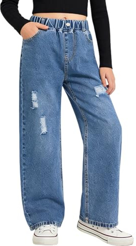 Rolanko Girls Jeans Bootcut Ripped Elasticated Waist Retro Style Denim Pants for Kids Fit, Blue Hole, Size: 170
