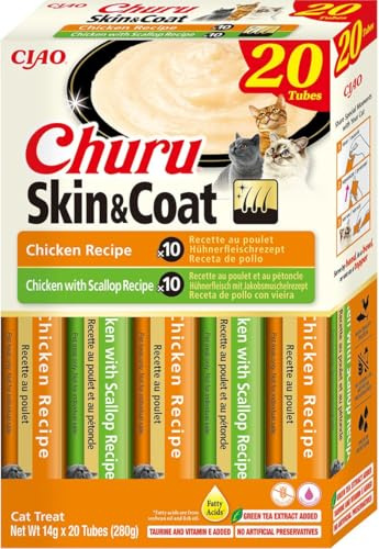 INABA Churu Skin & Coat Snack pour Chats crémeux en 2 variétés avec Poulet - 20 bâtonnets x 14 g - Nourriture pour Chat avec Taurine et Vitamine E pour Une Peau et Un Pelage sains