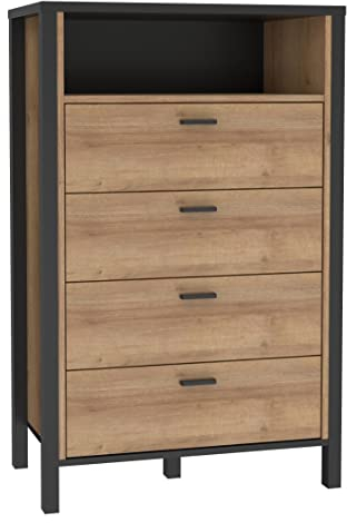 Forte HIGH ROCK Kommode mit 4 Schubladen, Holzwerkstoff, Schwarz/Riviera Eiche, B x H x T: 69,8 x 110,7 x 40,2 cm