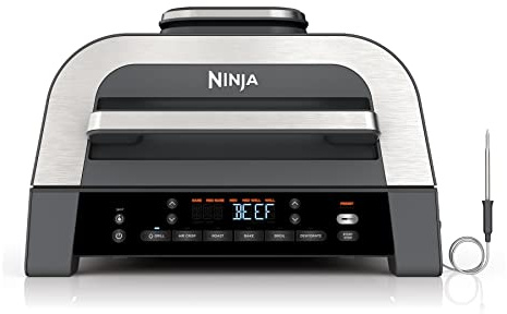 Ninja DG551 Foodi Smart XL 6-in-1 Indoor Grill with Air Fry, Roast, Bake, Broil, & Dehydrate, Foodi Smart Thermometer, 2nd Generation, Black/Silver