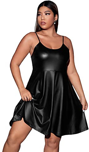 WDIRARA Women's Plus Size Spaghetti Strap Pu Leather Flared Hem A Line Cami Dress Black 4XL