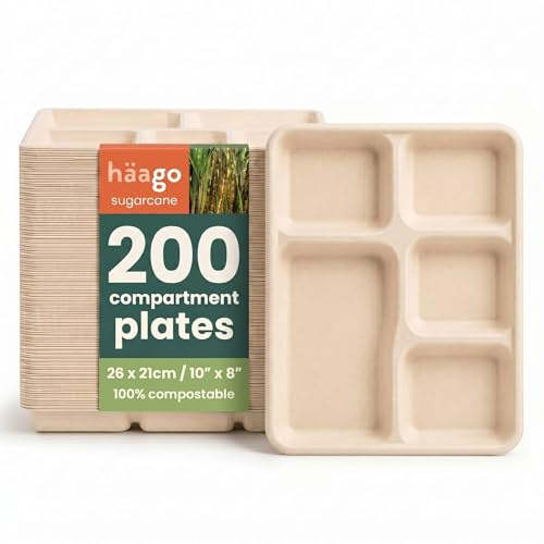 HAAGO 200 Compartment Plates - Sugarcane Bagasse 5 Compartment Food Trays, 21x26cm - Biodegradable & Home Compostable - Perfect Party Plate for Outdoor Events & Schools Disposable Plates for Hot Food