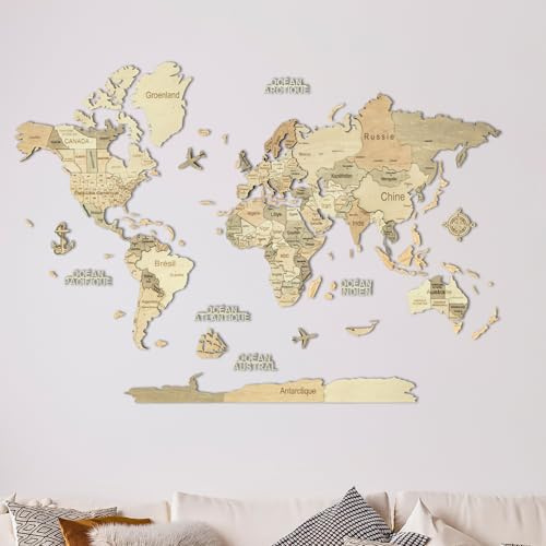 Creatifwood 3D-världskarta i trä för väggdekoration – Mappemonde i trä, väggkonst, vardagsrum, kontor, sovrum (ljus, 150 L x 105 cm, utan ram)