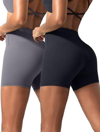 VOENXE Radlerhose Damen Kurze High Waist, Blickdicht Kurze Hose Leggings für Yoga, Nahtlose Shorts Gym Sporthose Anti Scheuern Bauchweg, Frauen Elastisch Unterhosen Fitness Sommer, 2er Pack