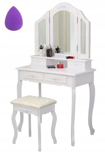 BDW Toilette TL04 - con specchio, cassetti e sgabello - tavolino - per camera da letto, cameretta dei ragazzi -Tavolo da trucco - Tavolo da toeletta - Tavolo per cosmetici - Stile vintage - Bianco