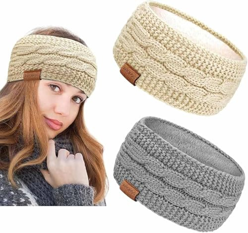 PROPOG Fascia Capelli Invernale, 2 Pezzi Maglieria Paraorecchie Donna Con Fodera Pile, Cerchietto Elastico, Accessori Per Capelli Adatti a Corsa, Esercizio, Sci