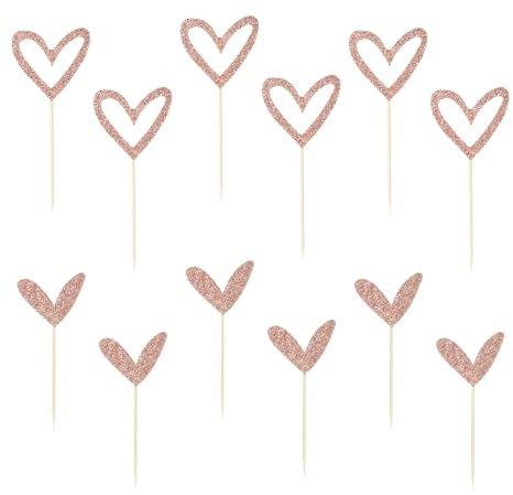 12 pezzi Toppers cupcake cuore glitter,decorazione per torte,per torta di compleanno, cuori dorati,cupcakes