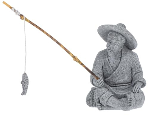Milisten Fisherman Figurine, Grey Stone, Mini Bonsai & Aquarium Decor | Hand-Painted Detail, Fishing Rod, Tiny Fish, Weighted Feel, Compact 7cm Size, Zen Styling, Gift Idea