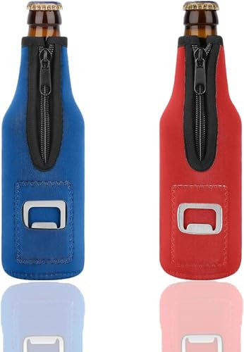 2 Stück Bier Flaschenkühler Manschette, 330ml (12OZ) Bier Kühlmanschette mit Deckelöffner, Neopren Isoliert Reißverschluss Bier Bierkühler, Rot und Blau (a)