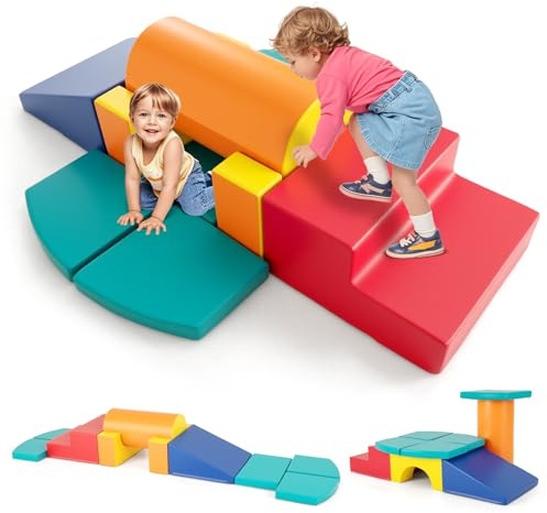 COSTWAY Set 10 Giocattoli da Arrampicata per Bambini, Blocchi da Costruzione in Schiuma Morbidi, Set Attività per Gattonare e Scivolare per Neonati 1-3 Anni (Verde)