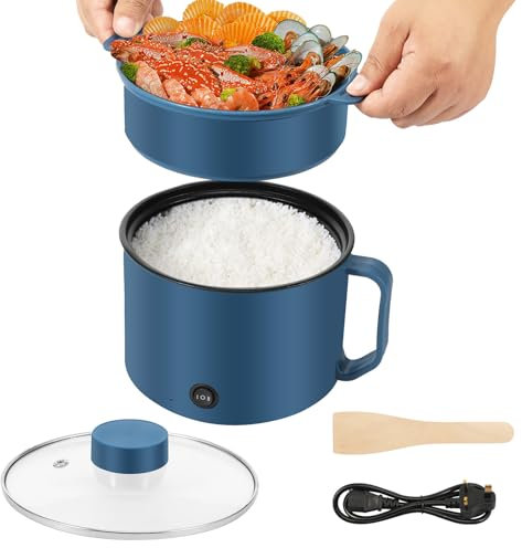 Electric Hot Pot with Steamer 1.8L/54oz Non Stick Ramen Cooker for Pasta Dumpling Soup Steak, Multipurpose Electric Skillet with Dual Power Control, Over-Heating & Boil Dry Protection(Blue)