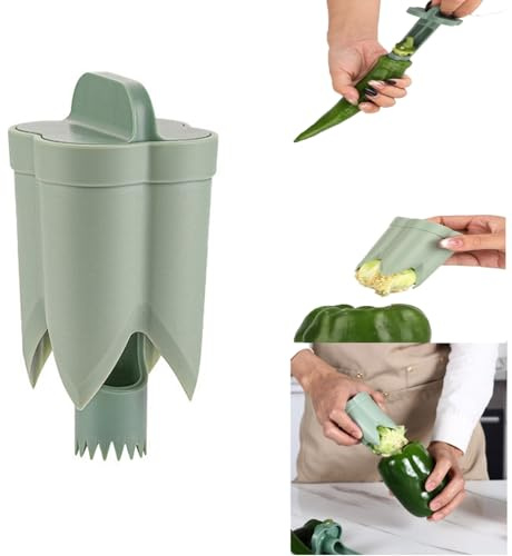 Pepper Seed Corer Remover,2 in 1 Bell Pepper Cutter,Fruit Corer Bitter Gourd and Peppers Seed Removal Tool Professional Chilis Seeder Cucumbers Corers Kitchen Cooking Accessories (Green)