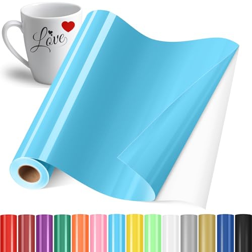 YAFLC Vinile Adesivo Permanente Azzurro, 30.5x400cm Vinile Permanente, Pellicola Adesiva Usato per Tazze, Ceramica, Vetro, Regali Fai Da Te