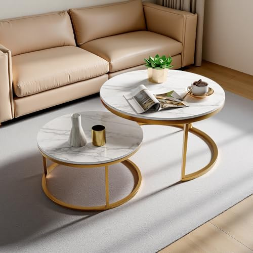 DAHUEN Set med 2 runda bord med guldmetallram och vit marmorplatta, för vardagsrum, sovrum, kontor, balkong (guld, 80 x 80 x 45 cm)
