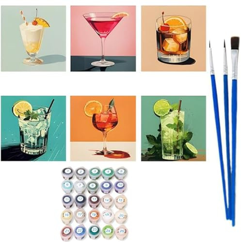GETJOY 6 PCS Cocktail Paint by Numbers for Adults, Mini Paint by Numbers for Adults, 6 Pack 15x20cm Cocktail Paint by Numbers Kits with 3 Brushes, DIY Painting for Home Decor, Party, Gift