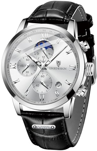 LIGE Uhren Herren, Chronograph Herrenuhren, Analoger Quarz Lederarmband, Kalenderfunktion Leuchtzeiger, 3ATM Wasserdicht, Armbanduhr Herren Business Erholung, Schwarz