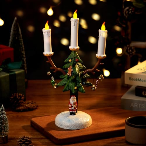 Christmas Tree Candle Light, Axrye Flameless Candle Light Christmas Candelabra Decoration with 3D Flame Wick Candles Holder Battery Operated X-mas Candle for Dinner Centerpiece Indoor Home Table Party
