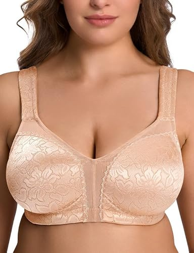 WingsLove Women's Minimizer Bra Full Coverage Wireless Unpadded Breathable V-Neck Wide Straps Plus Size Everyday Bra for Large Bust (Honey Nude,42G)