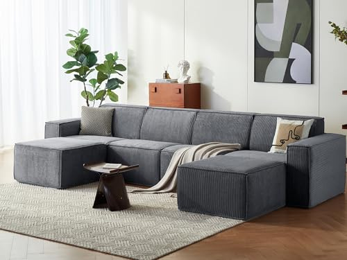 LINSY HOME Sofá esquinero con función de Cama Sofá Cama Modular de 338 cm, sofá en Forma de U, sofás modulares para salón, no Requiere Montaje (Tela de cordón, Gris Oscuro, 4 plazas con 2 pufs)