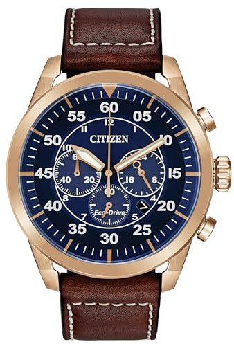 Citizen Men's Eco-Drive Chronograph Sport Casual Avion Watch, Rose Gold Stainless Steel with Brown Leather Strap, Blue Dial (Model: CA4213-18L)