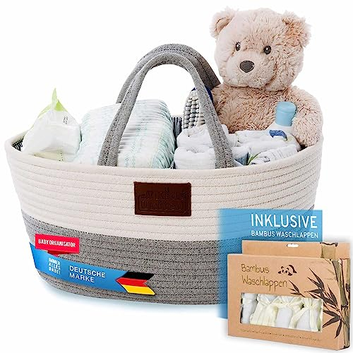 all Kids United Baby Wickel-Organizer; Windelkorb Babykorb Wickel-Tasche für Windeln & Wickel-Utensilien, tragbare Einkaufstasche Shopper Windel Aufbewahrungskorb aus 100% Baumwoll-Leinen