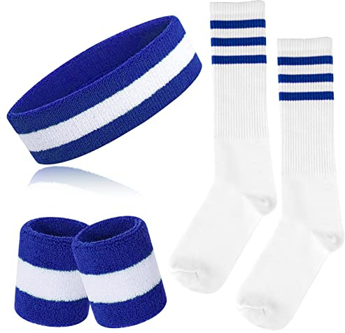 ONUPGO Set di 5 fasce per il sudore e calzini a righe – fascia sportiva per capelli, braccialetti e calzini alti per uomini e donne, feste anni '80 (blu/bianco/blu)