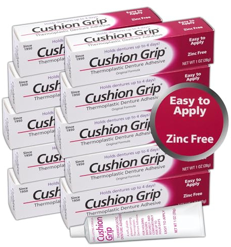 Cushion Grip Thermoplastic Denture Adhesive 1oz (10 Pack)–Extra Strong Hold Up to 4 Days, Unmatched Strength, Waterproof & Zinc Free, Relieves Sore Gums, Comfortable Refit, Long Lasting Denture Refit