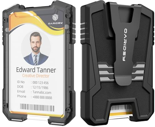 Oaridey Badge Holder/ID Card Holder/Portable Travel Wallet with Manganese Steel Clip, Heavy Duty Vertical Clear ID Holder for Work ID, Credit Cards- Black Genuine Leather