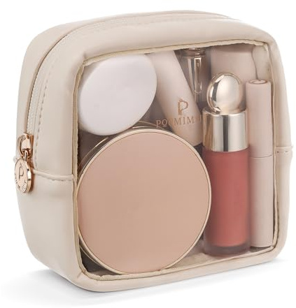 Pocmimut Clear Makeup Bag,Easy to Find Mini Makeup Bag for Purse,Travel Makeup Bag for Car, Compact Cosmetic Pouch for Daily Essentials,Beige