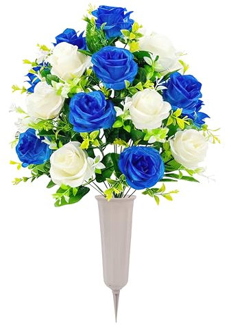 HanYun 1 Sträuße Künstliche Friedhofsblumen mit Vase, Künstliche Blumen Künstlicher Rose Blumenstrauss Plastik Blumen Dekoration für Gräber und Garten (Blau)