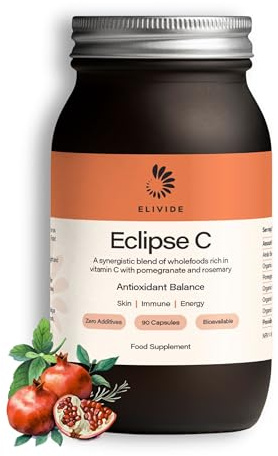 ELIVIDE Eclipse Wholefood Vitamin C | with Wholefruit Pomegranate | 100% Additive Free | Natural & Rich in Bioflavanoids | 90 Capsules | UK Made | Immune & Skin Support | Glass Jar
