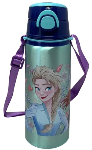 Trinkflasche aus Aluminium mit Strohhalm Disney Frozen 730 ml, automatische Pop-up-Öffnung für Kinder, mitgelieferte Trageschlaufe