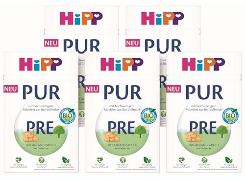HiPP PRE PUR Anfangsmilch (5 x 500g), von Geburt an, mit hochwertigem Milchfett aus Bio-Vollmilch, ohne Palmöl, nur Lactose, mit wichtigen Vitaminen & Nährstoffen, vollmundig im Geschmack