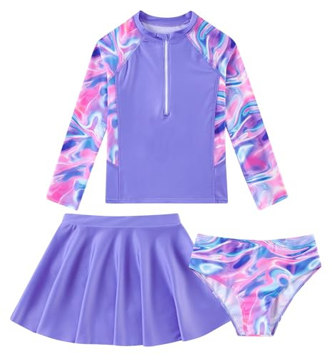 ALISISTER Light Purple Swimming Costume for 9-10 Years Girls Long Sleeve Swimsuit for Summer Pool