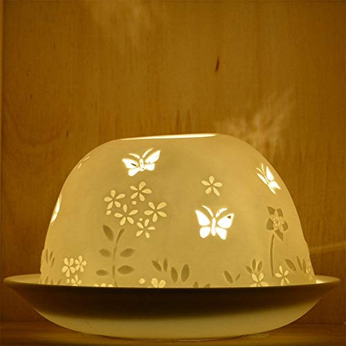 Nordic Light Tealight Candle Holder, Set of Shade & Plate, Stencil Butterfly Living, Dining Room Table, Home Decor Accessories-Porcelain-One Size, 9x9x9cm